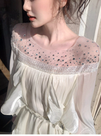 Shiny White Tulle Beaded Ruffles Long Evening Dress Birthday Outfits SP1650