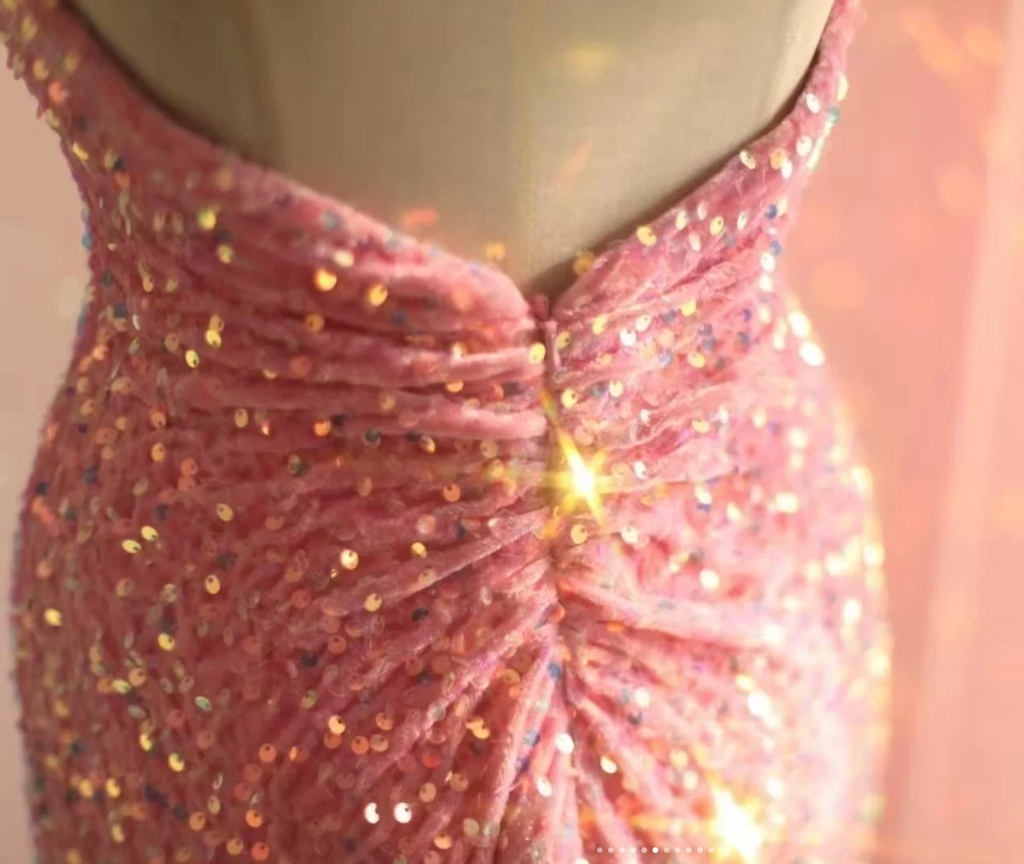 Shiny One Shoulder Pink Sequin Mermaid Evening Dress Long Wedding Guest Dress SP1171