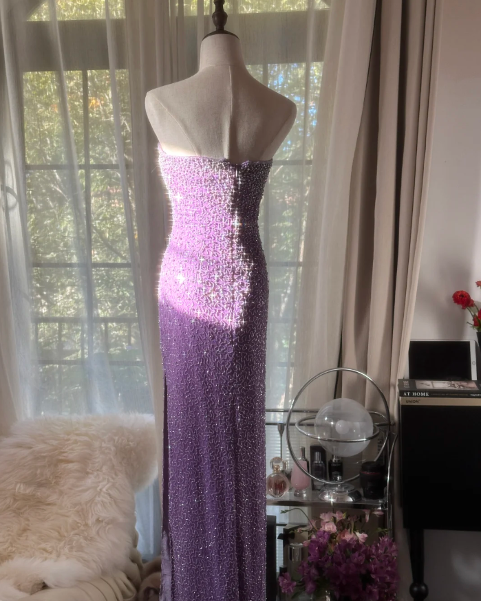 Glamorous Strapless Purple Chiffon Beaded Sheath Slit Prom Dress Long Party Gown