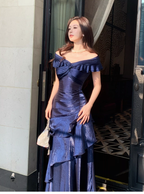 Stylish Navy Blue Off The Shoulder Satin Layered Ruffles Mermaid Long Evening Dress Prom Gown