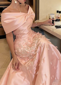 Chic Off The Shoulder Satin Beaded Appliques Pink Long Party Dress Evening Gown