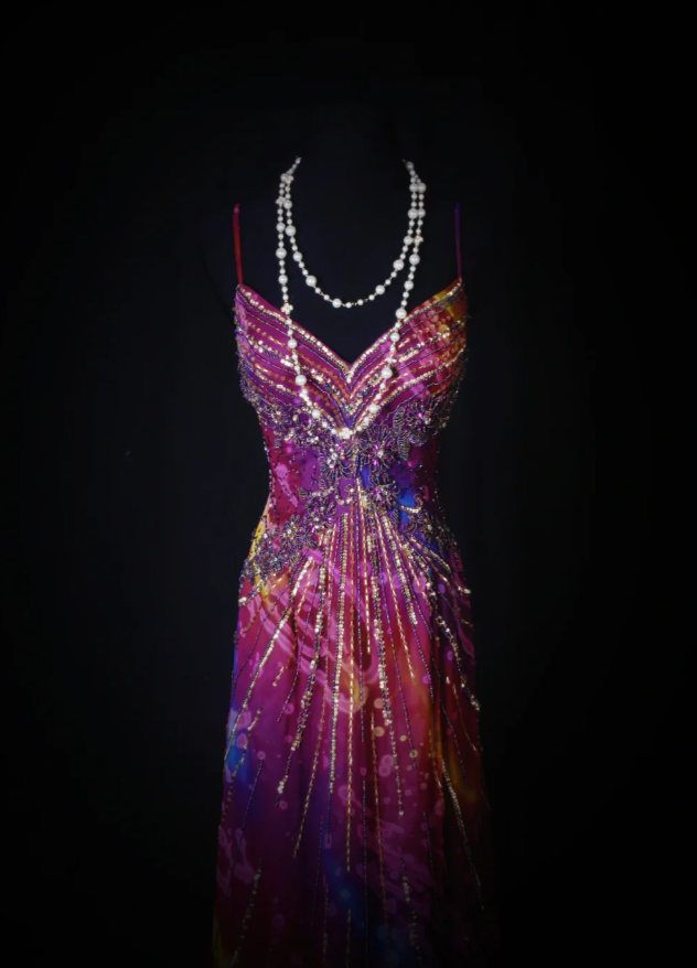 Unique V Neck Purple Spaghetti Straps Chiffon Beaded Mermaid Long Party Dress Evening Gown