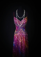Unique V Neck Purple Spaghetti Straps Chiffon Beaded Mermaid Long Party Dress Evening Gown