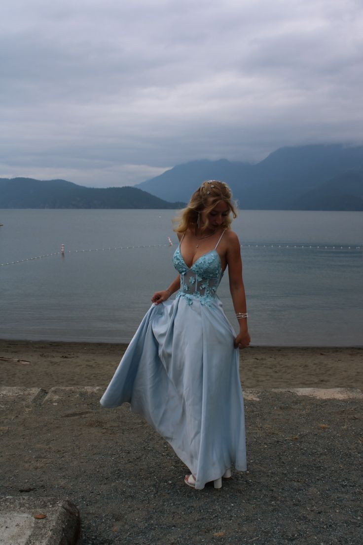 Classy Spaghetti Straps Light Blue Satin Appliques A Line Evening Gown Long Prom Dress