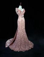 Pretty Pink V Neck Lace Mermaid Birthday Prom Dress Long evening Dress Party Gown