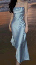 Classy Spaghetti Straps Blue Satin Long Wedding Guest Dress Formal Birthday Party Dress Evening Gown