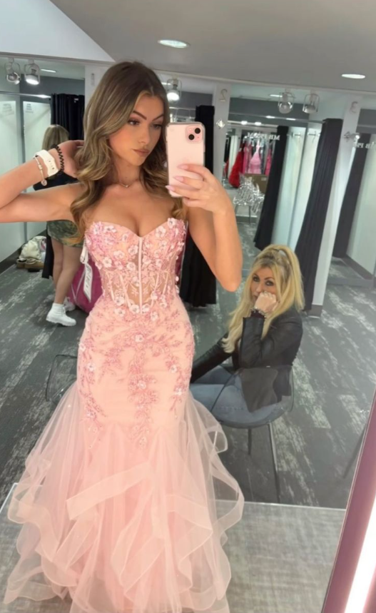 Pretty Strapless Pink Tulle Appliques Beaded Mermaid Party Dress Long Evening Gown