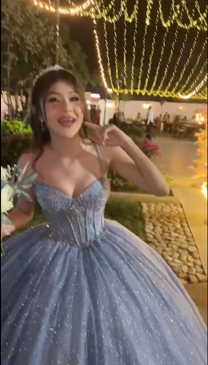 Glitter Spaghetti Straps Blue Tulle Sequin Beaded Ball Gown Formal Birthday Quinceanera Dress