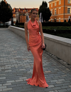 Classy Coral Pink Halter Backless Satin Mermaid Party Dress Long Wedding Guest Dress Evening Gown