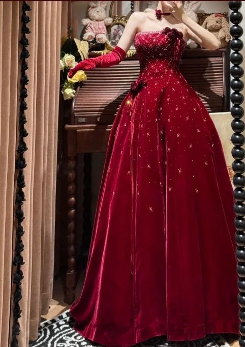 Vintage Strapless Red Velvet Sequin Beaded Long Evening Gown Party Dress