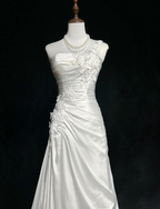 Pretty White One Shoulder Satin Pleated Appliques Mermaid Long Wedding Dress SP1284
