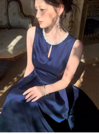 Stylish Sleeveless Navy Blue Satin Beaded A Line Long Birthday Dress Evening Gown SP1651
