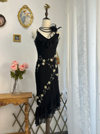 Classy Black Chiffon Beaded Appliques Long Party Gown Formal Evening Dress