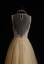 Luxurious Champagne Sleeveless Tulle Beaded Mermaid Long Birthday Party Dress Evening Gown