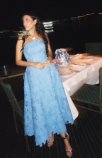 Pretty Blue Strapless Lace A Line Long Party Dress Birthday Prom Dress SP1424