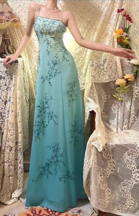 Elegant Spaghetti Straps Ombre Blue Chiffon Beaded A Line Long Prom Dress Formal Evening Gown