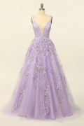 Gorgeous V-Neck Tulle Long Prom Dress with Lace Appliques Y33