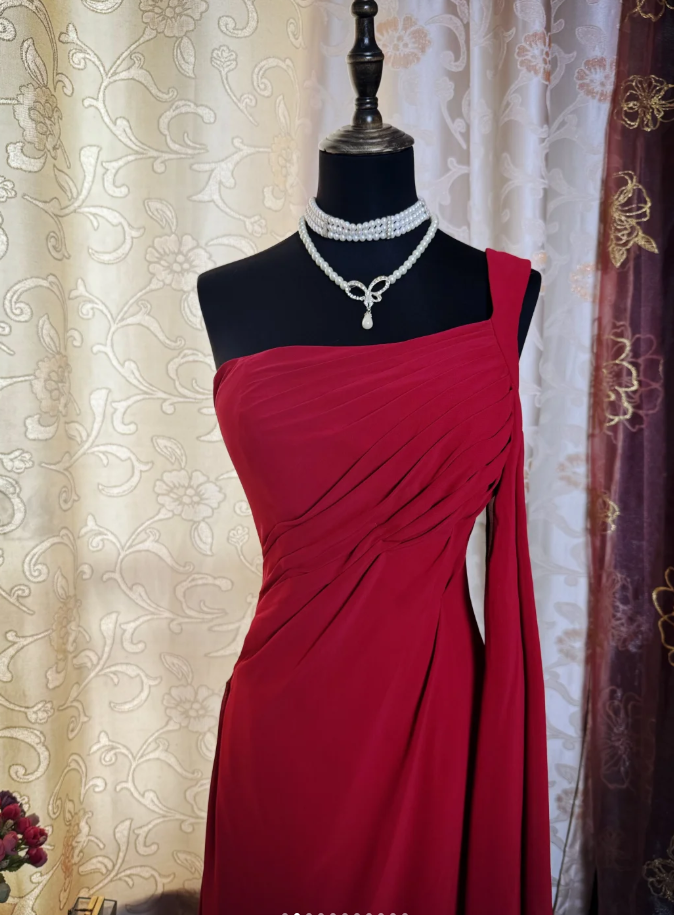 Charming Red One Shoulder Satin Pleated Mermaid Long Party Dress Formal Wedding Guest Dress SP1948
