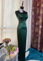 Sexy Spaghetti Straps Emerald Green Satin Sheath Long Evening Dress Formal Wedding Guest Dress SP1894