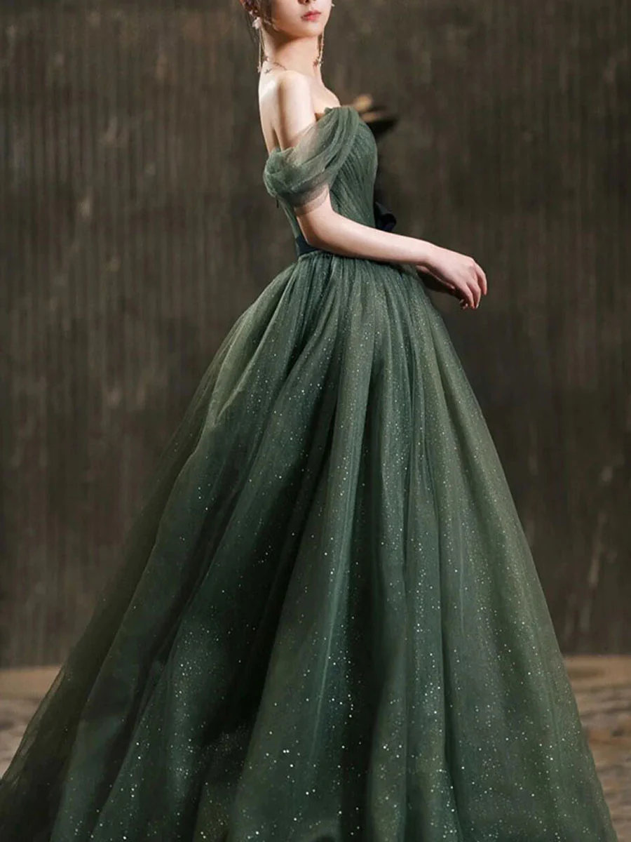 Simple green tulle long prom dress, green tulle evening dress Y1554