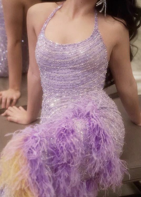 Glamorous Purple Halter Sequin Beaded Feathers Evening Dress Mermaid Long Party Gown