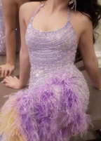 Glamorous Purple Halter Sequin Beaded Feathers Evening Dress Mermaid Long Party Gown