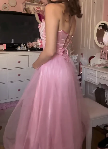 Cute Pink Strapless Satin Tulle Appliques A Line Long Birthday Prom Dresses Formal Wedding Guest Dress Party Gown