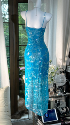 Gorgeous Spaghetti Straps Blue Chiffon Sequin Mermaid Party Dress Long Birthday Prom Gown