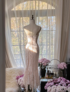 Pretty Spaghetti Straps Light Pink Lace Pleated Mermaid Long Wedding Guest Dress Formal Prom Dress Party Gown