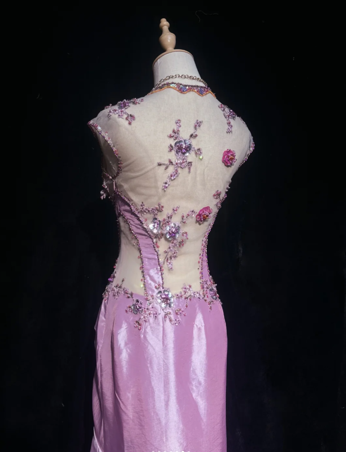 Unique Purple Satin Pleated Beaded Mermaid Evening Dress Long Birthday Prom Gowns SP1784