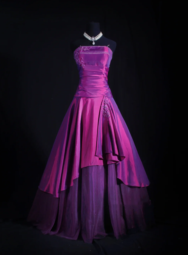 Glamorous Strapless Satin Ball Gown Purple Embroidery Beaded Long Birthday Party Dress Prom Gowns