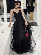 Shiny Black V Neck Prom Dresses, Backless Black V Neck Formal Evening Dress Y1767
