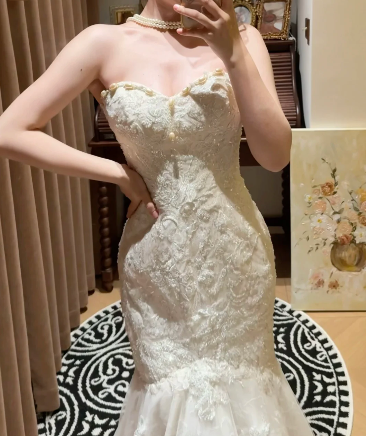 Pretty Strapless White Lace Sequin Beaded Mermaid Long Evening Dress Formal Birthday Birthday Prom Dress Party Gown