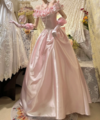 Sweet Pink Ball Gown Off The Shoulder 3D Flowers Beaded Long Birthday Party Dress Evening Gown With Gloves