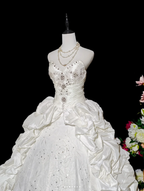 Retro Strapless Satin Pleated Beaded Ball Gown White Birthday Quinceanera Dress