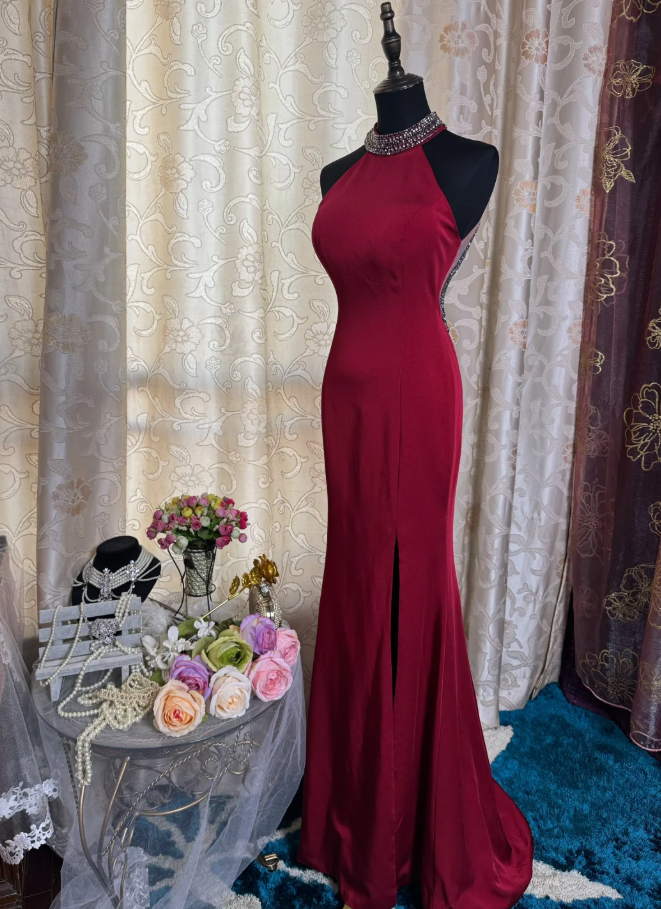 Classy Red Halter Satin Beaded Slit Evening Dress Long Mermaid Prom Gowns SP1617