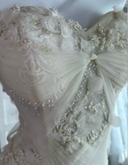 Classy Strapless Off White Tulle Beaded Appliques Mermaid Long Birthday Party Dress Prom Gown SP1463