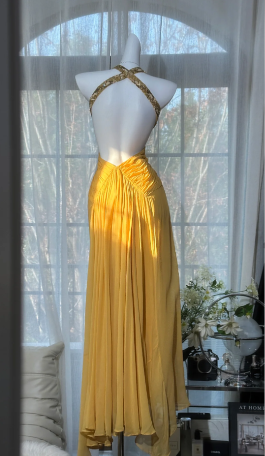 Sexy Lemon Yellow Halter Chiffon Beaded Mermaid Evening Dress Backless Long Prom Dress SP1665