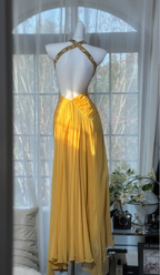 Sexy Lemon Yellow Halter Chiffon Beaded Mermaid Evening Dress Backless Long Prom Dress SP1665