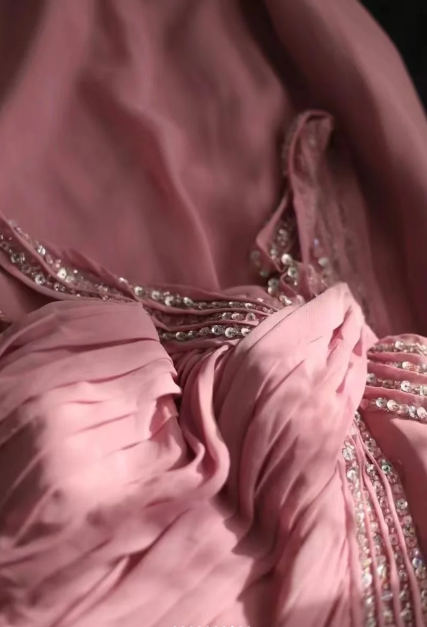 Fairy Pink Chiffon Sequin Beaded Mermaid Long Party Dress Birthday Evening Gown