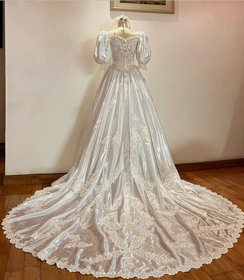 Charming Off The Shoulder White Satin Beaded Long Wedding Dress Bridal Gowns With Gloves