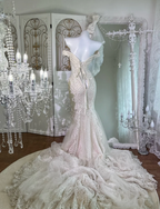 Beautiful White Off The Shoulder Tulle Lace Beaded Mermaid Long Wedding Dress SP1462