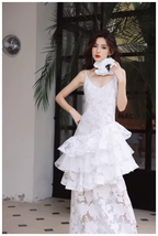 Fairy Spaghetti Strap White Lace Ruffle Layered Mermaid Long Prom Dress Evening Gowns
