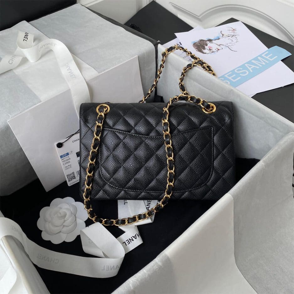 CHANEL SMALL CLASSIC HANDBAG Grained Calfskin & Gold Metal