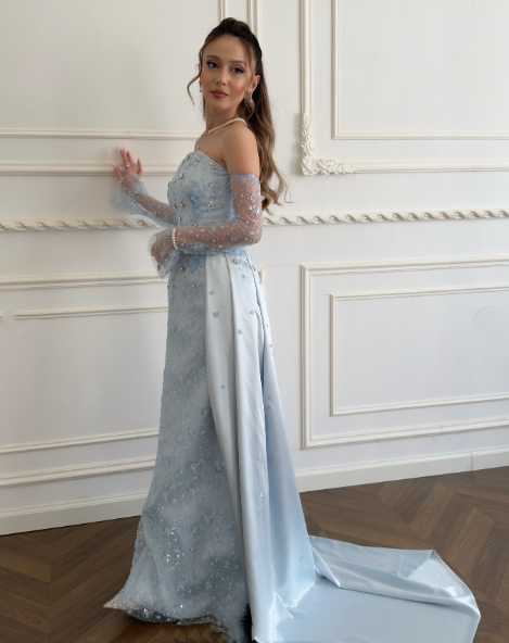Classy Strapless Light Blue Satin Tulle Beaded Mermaid Prom Dress Long Party Gown