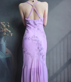 Classy Spaghetti Straps Lavender Chiffon Beaded Mermaid Evening Gown Long Prom Dress