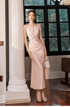 Pretty Pink Sleeveless Satin Mermaid Long Party Dress Prom Gowns SP1996