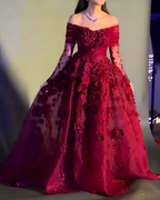 Pretty Off The Shoulder Ball Gown Red Organza Appliques Long Party Dress Birthday Outfits