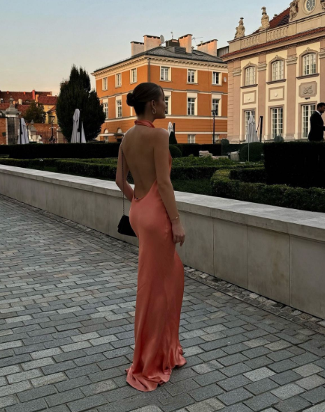 Classy Coral Pink Halter Backless Satin Mermaid Party Dress Long Wedding Guest Dress Evening Gown