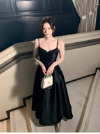 Sexy Black Spaghetti Straps Satin A Line Long Wedding Guest Dress Formal Birthday Prom Dress Party Dress SP1492